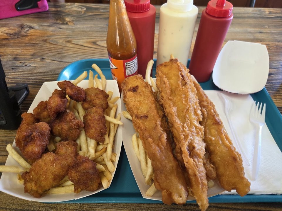 Fish and chips served on a simple plate.
