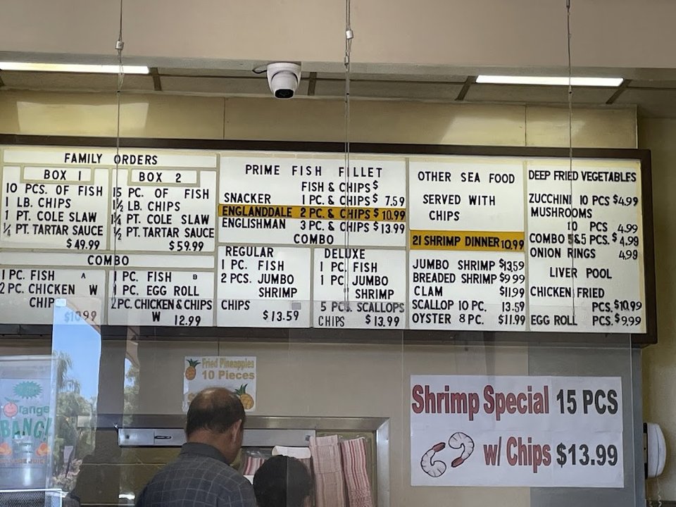 Lunch and dinner dishes at England Fish & Chips.
